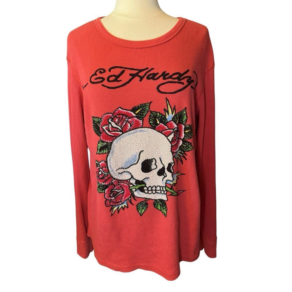 ED HARDY Christian Audigier XL Long Sleeve Waffle ShirtSkull & Roses Tattoo Y2K